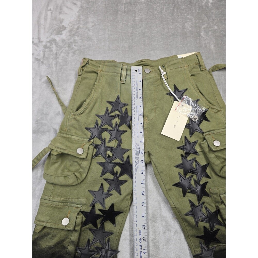 ​MNML Star Cargo Pants Size 28 Green Black Gradient Two Tone Leather Stars Y2K - Picture 4 of 10